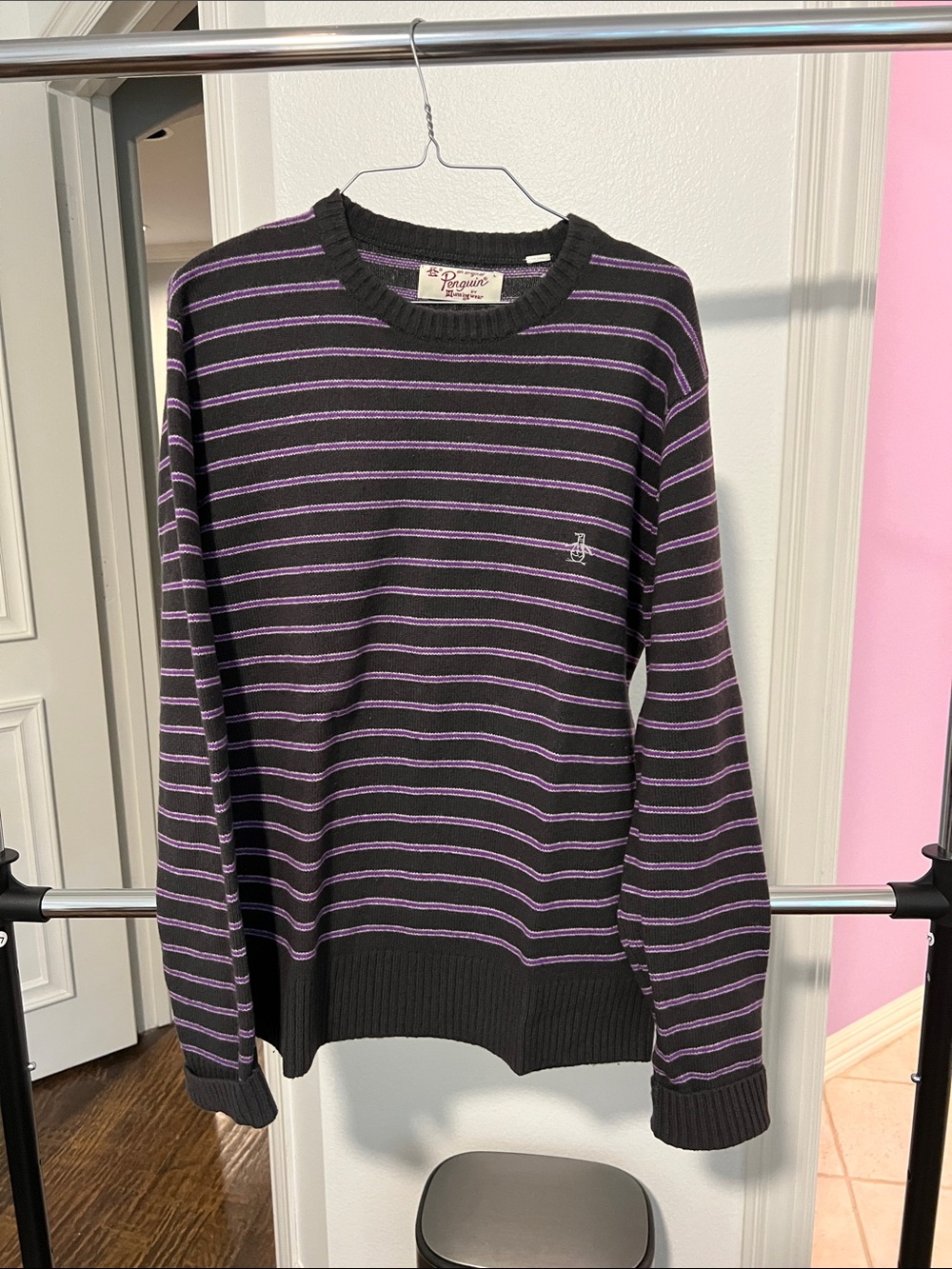 Striped Crewneck Sweater - Blackish dark gray with Purple Stripes Penguin